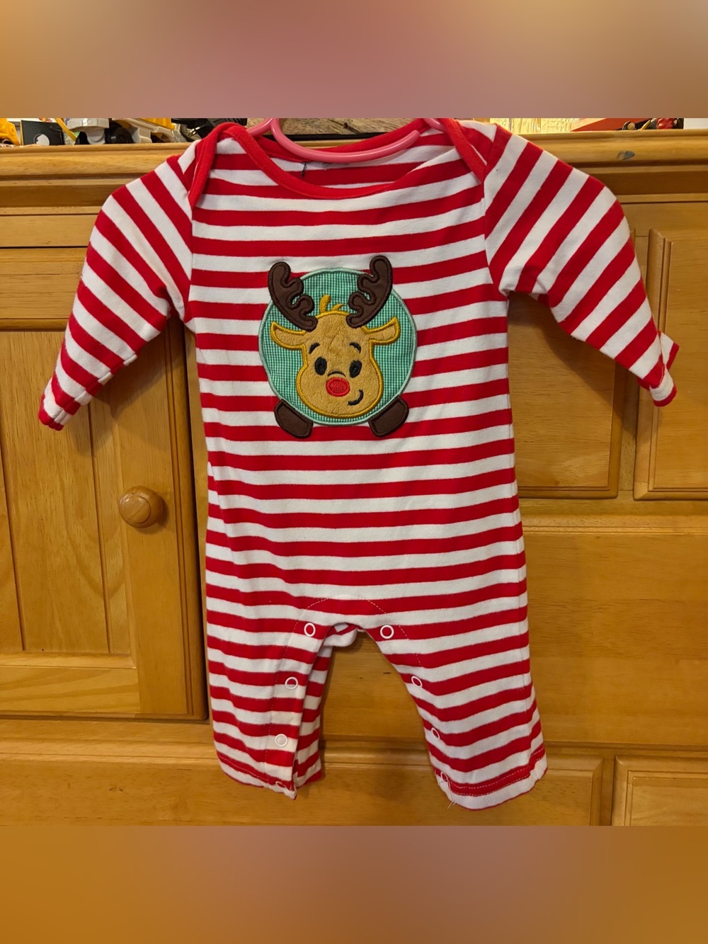 Three Martha's Baby Boy's Red & White Striped Romper w/Reindeer Appliqué
